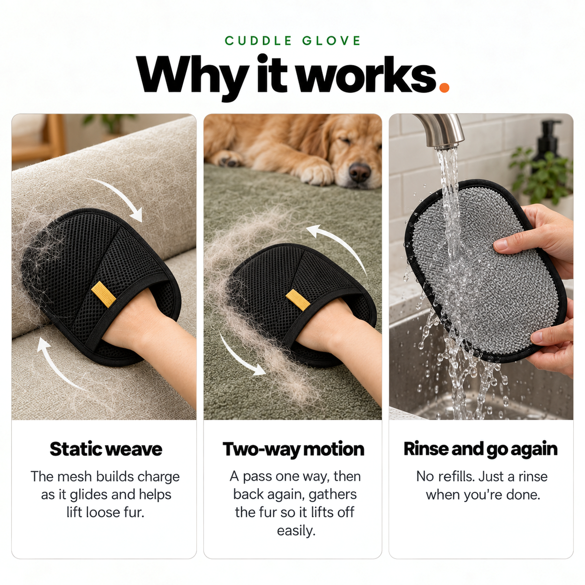 Why the Cuddle Glove works: the mesh gathers loose fur as it glides, then the glove is rinsed under the tap