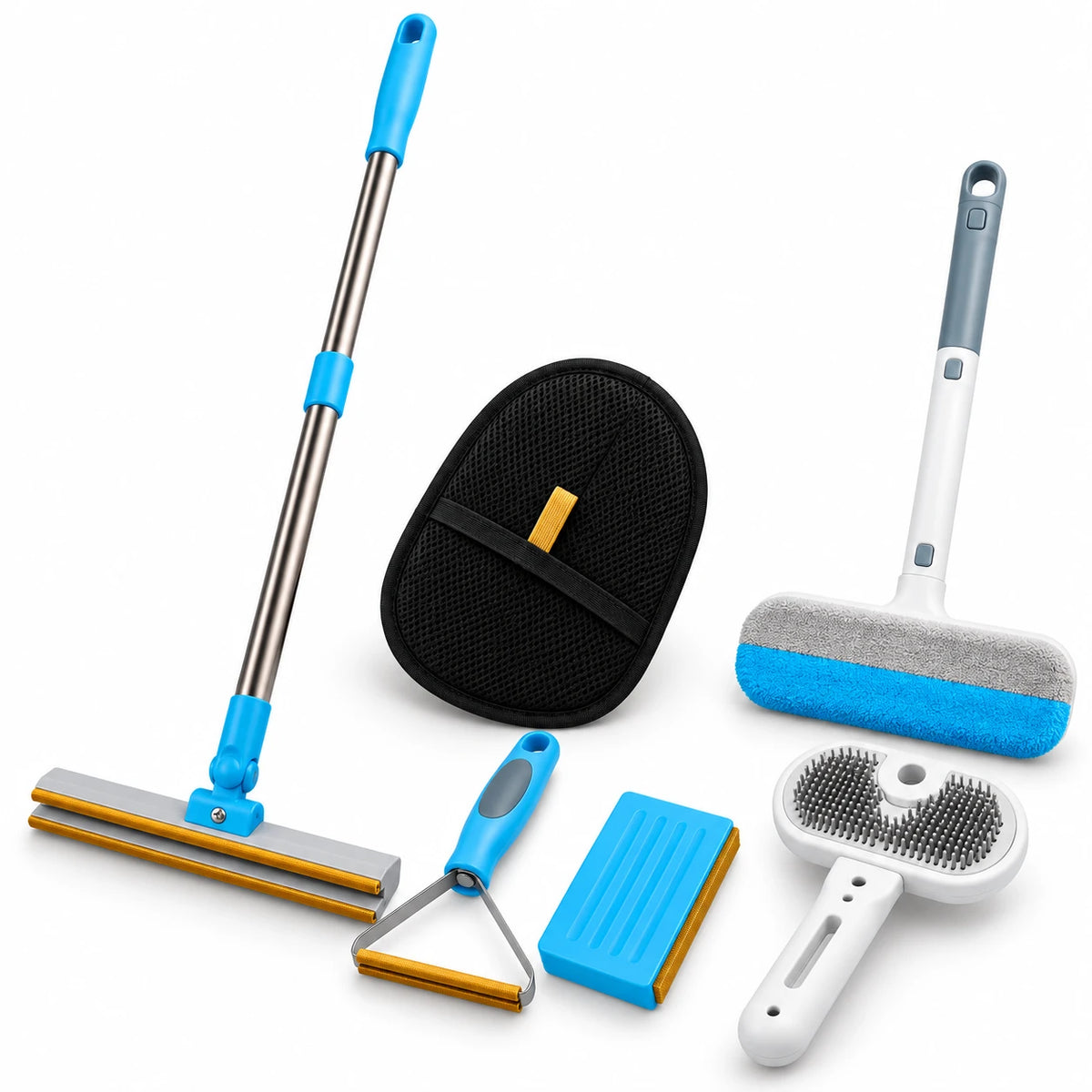 What's in the Meoggy Fur-Free Kit: telescopic rake, handheld scraper, flat board, Fur Wiper, Cuddle Glove and Mist Comb