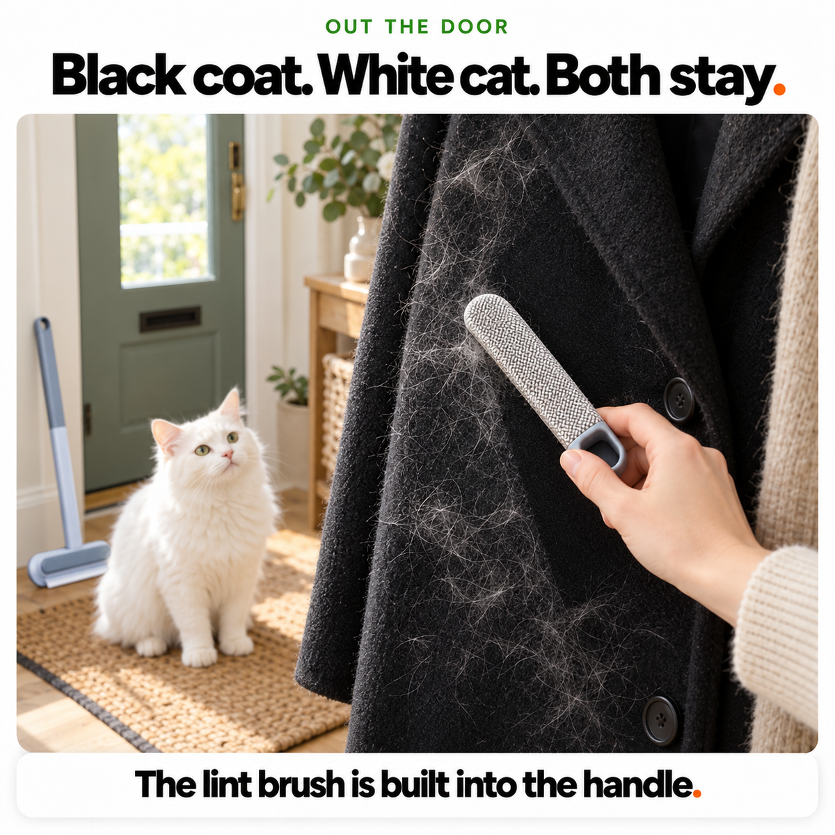 Brushing white cat hair off a black coat with the Fur Wiper's lint brush, a white cat watching by the front door
