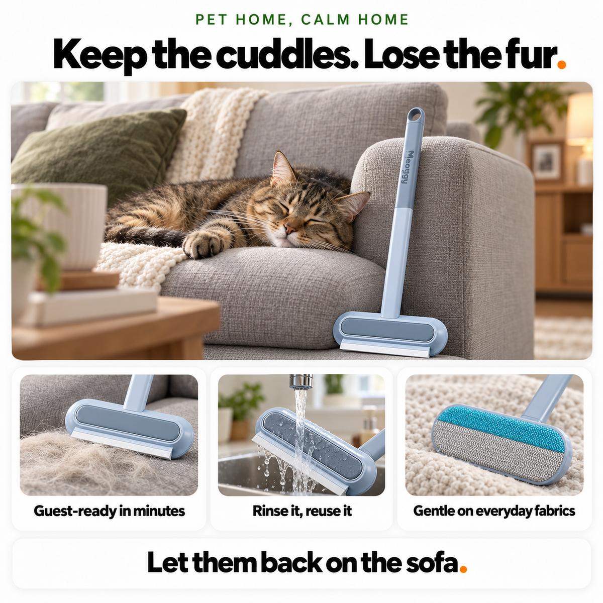 Tabby cat asleep on a grey sofa with the Meoggy Fur Wiper leaning on the armrest