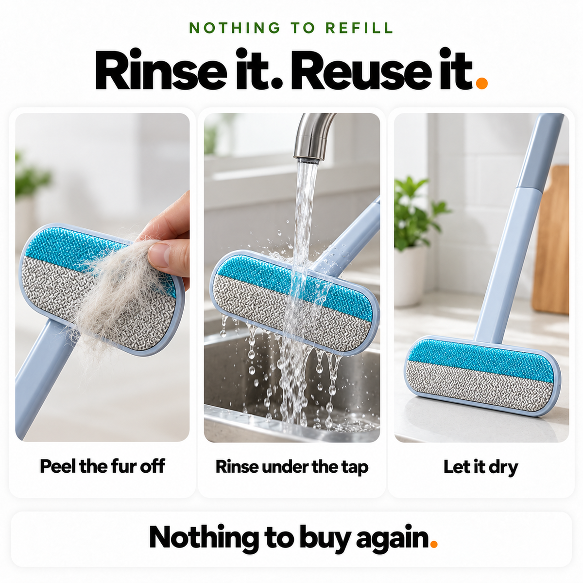 Cleaning the Fur Wiper: peel the fur off, rinse the head under the tap, let it dry