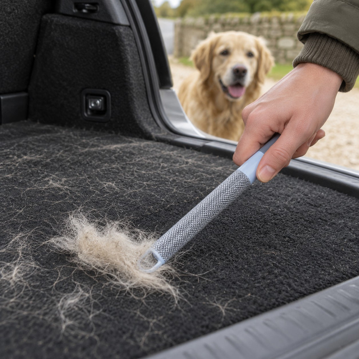 The Fur Wiper's lint brush lifting dog hair off a car boot carpet, a golden retriever outside