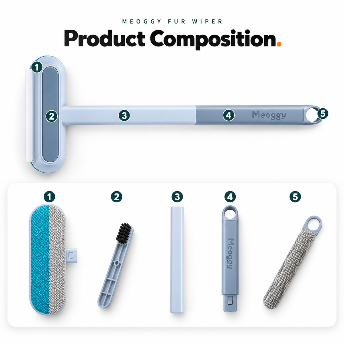 Meoggy Fur Wiper parts: fabric head with squeegee edge, small brush, handle extension, handle with hanging loop and lint brush