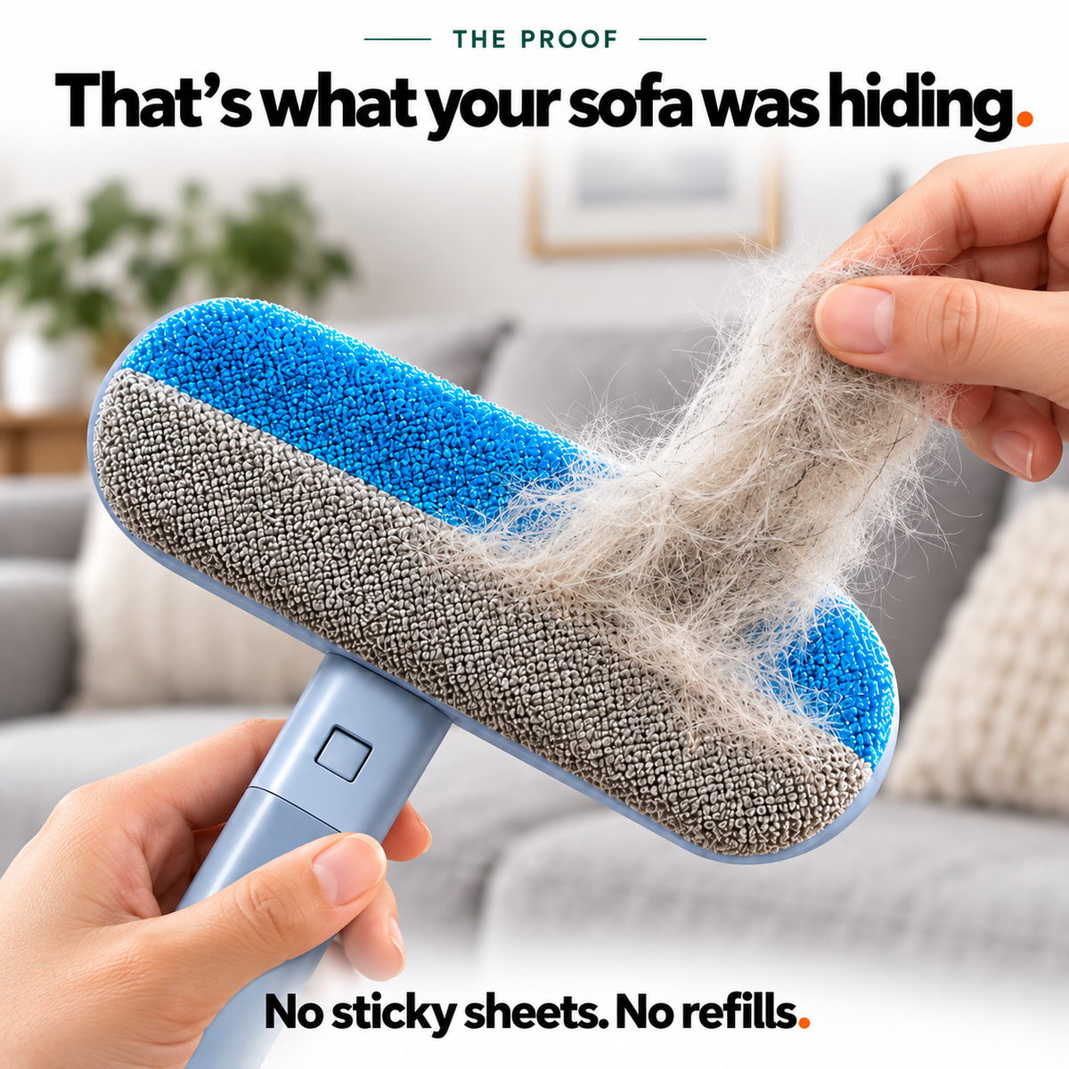 A hand peeling a strip of pet fur off the Fur Wiper's blue and grey fabric head, grey sofa behind