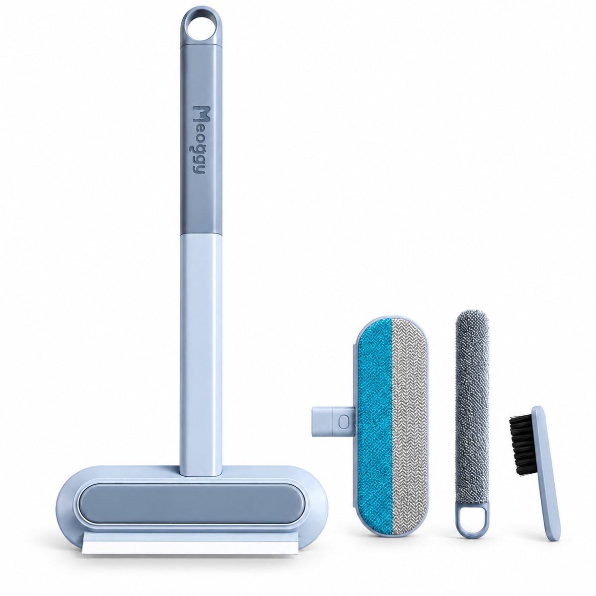 Meoggy Fur Wiper with its parts: long handle, two-tone blue and grey fabric head, lint brush and small black-bristle brush