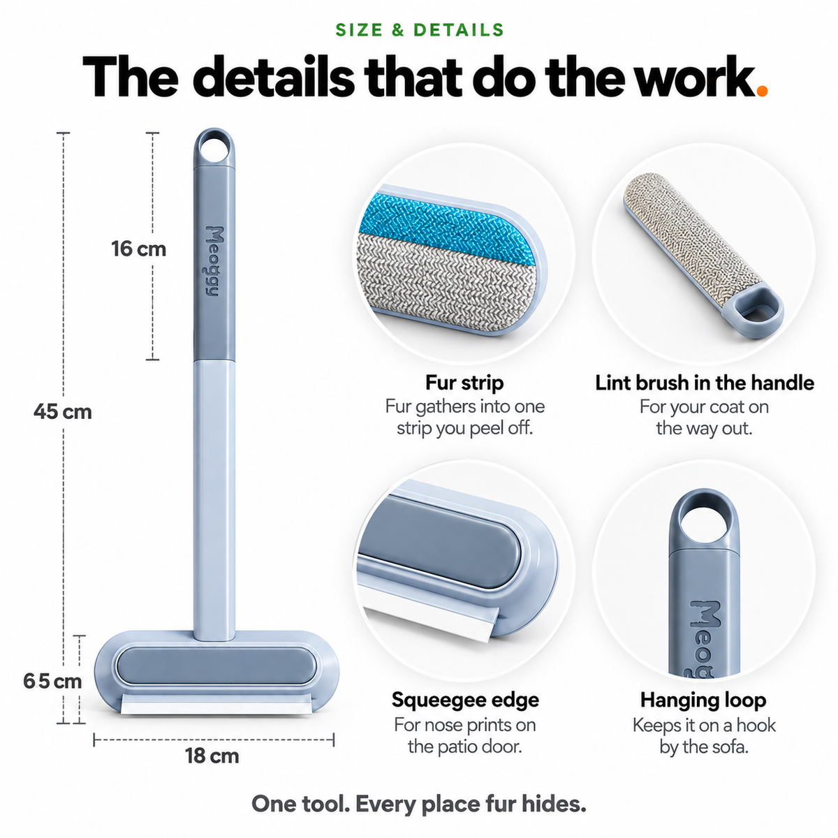 Meoggy Fur Wiper size and details: two-tone fabric head, lint brush in the handle, squeegee edge and hanging loop