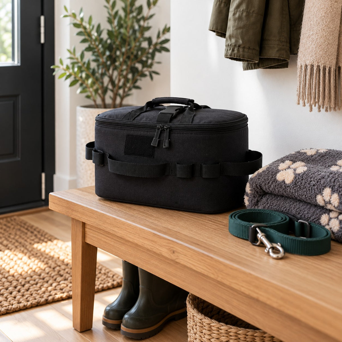 Meoggy Grooming Kit Bag on a hallway bench next to a dog lead and a paw-print blanket