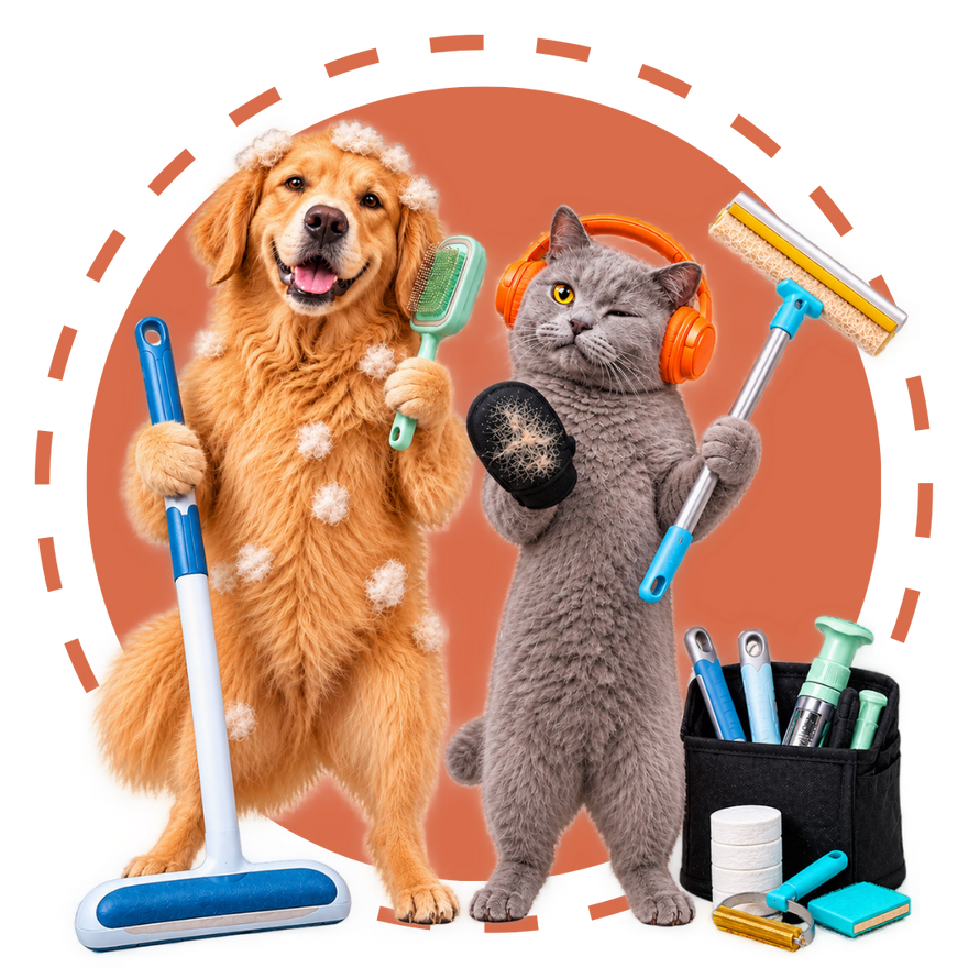 Illustrated golden retriever and grey cat mascots standing upright, holding Meoggy grooming tools — a lint roller, a deshedding brush, and a pet hair glove, next to a tote bag of grooming accessories.
