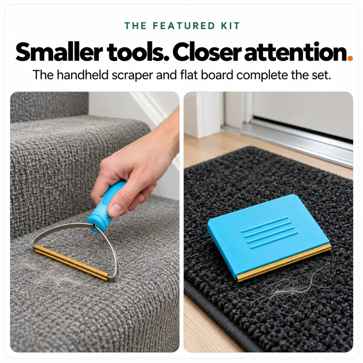 The handheld scraper pulling pet hair from a carpeted stair, and the flat board on a doormat