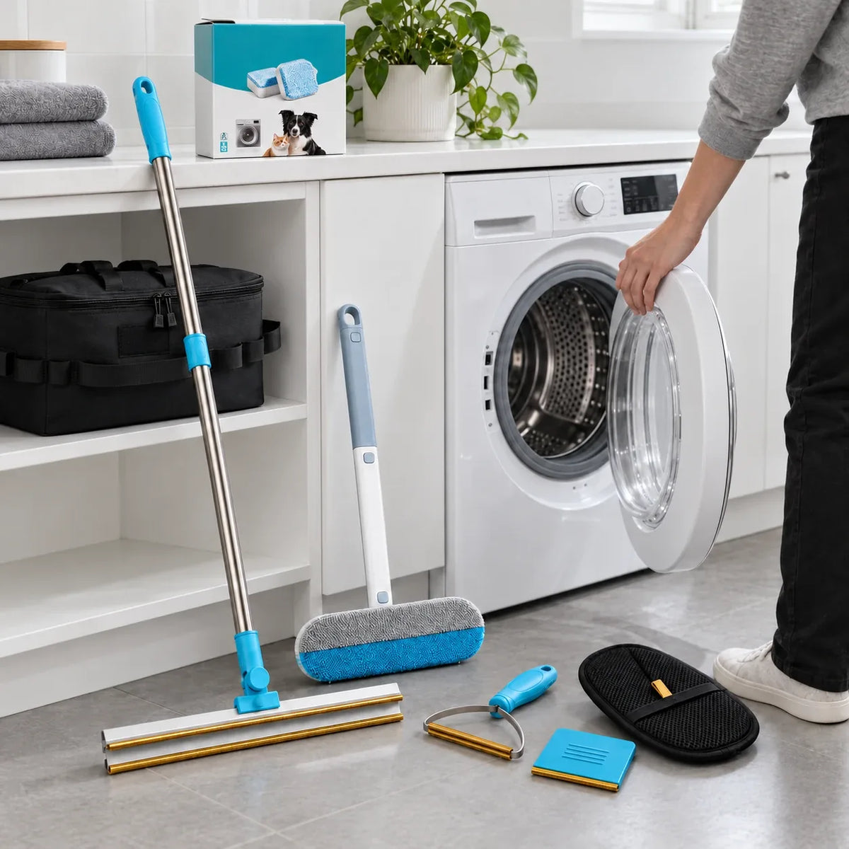 The kit in a laundry room: rake, Fur Wiper, scraper, flat board and glove by the washing machine, storage bag on the shelf