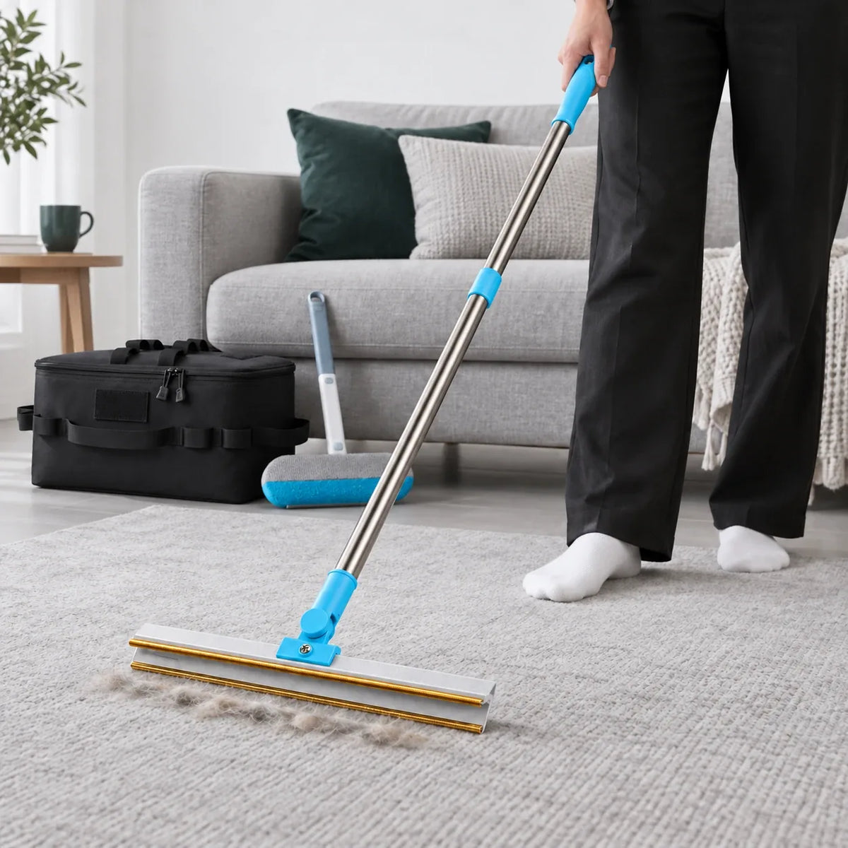 A line of dog hair lifted out of a light grey rug by the telescopic rake, with the Fur Wiper and storage bag by the sofa