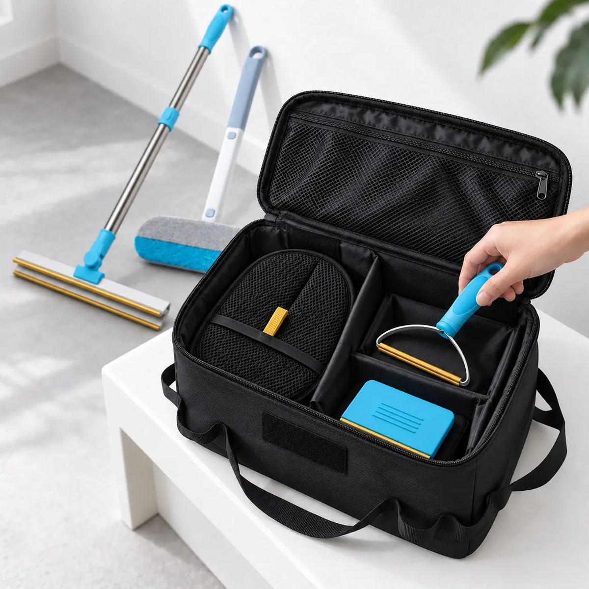 The kit's black storage bag open, with compartments holding the glove, the handheld scraper and the flat board