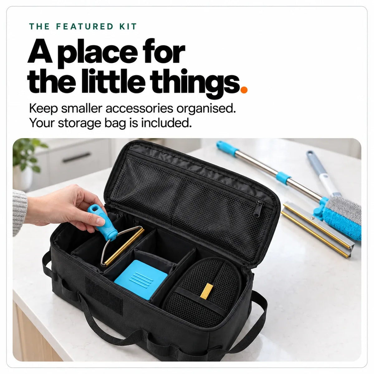 Putting the handheld scraper away in the kit's black storage bag, next to the flat board and the glove