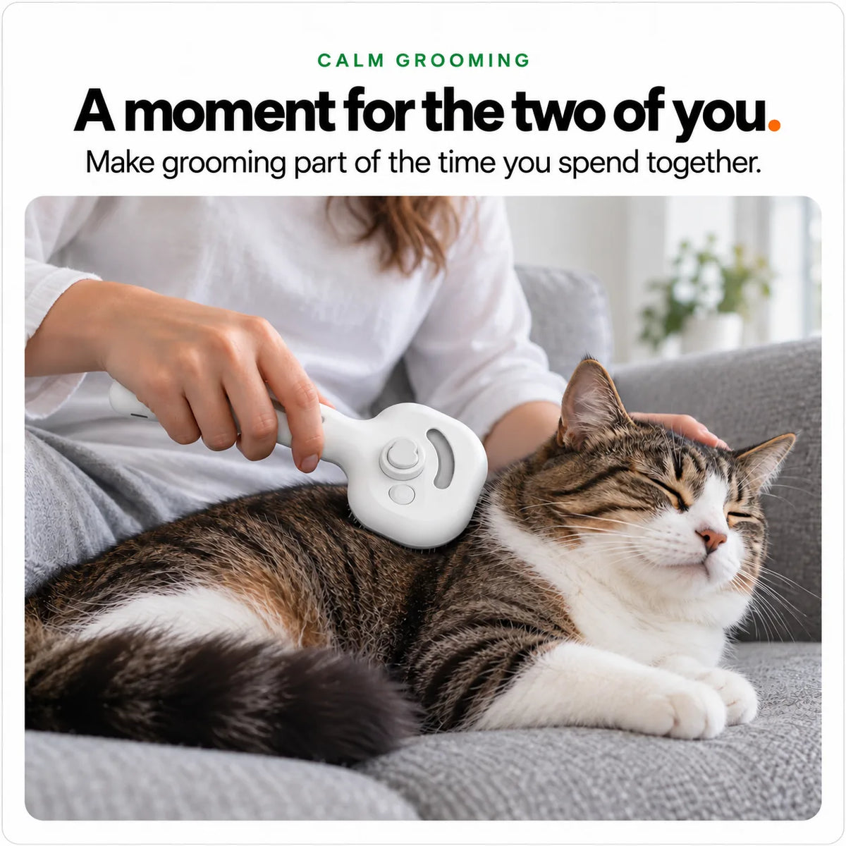 A woman calmly brushing her relaxed tabby cat on the sofa with the white Mist Comb