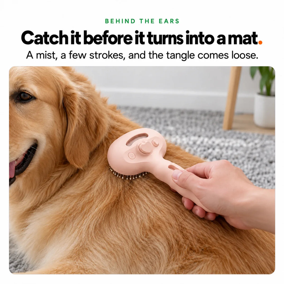 Brushing a golden retriever with the pink Mist Comb to loosen tangles before they turn into mats