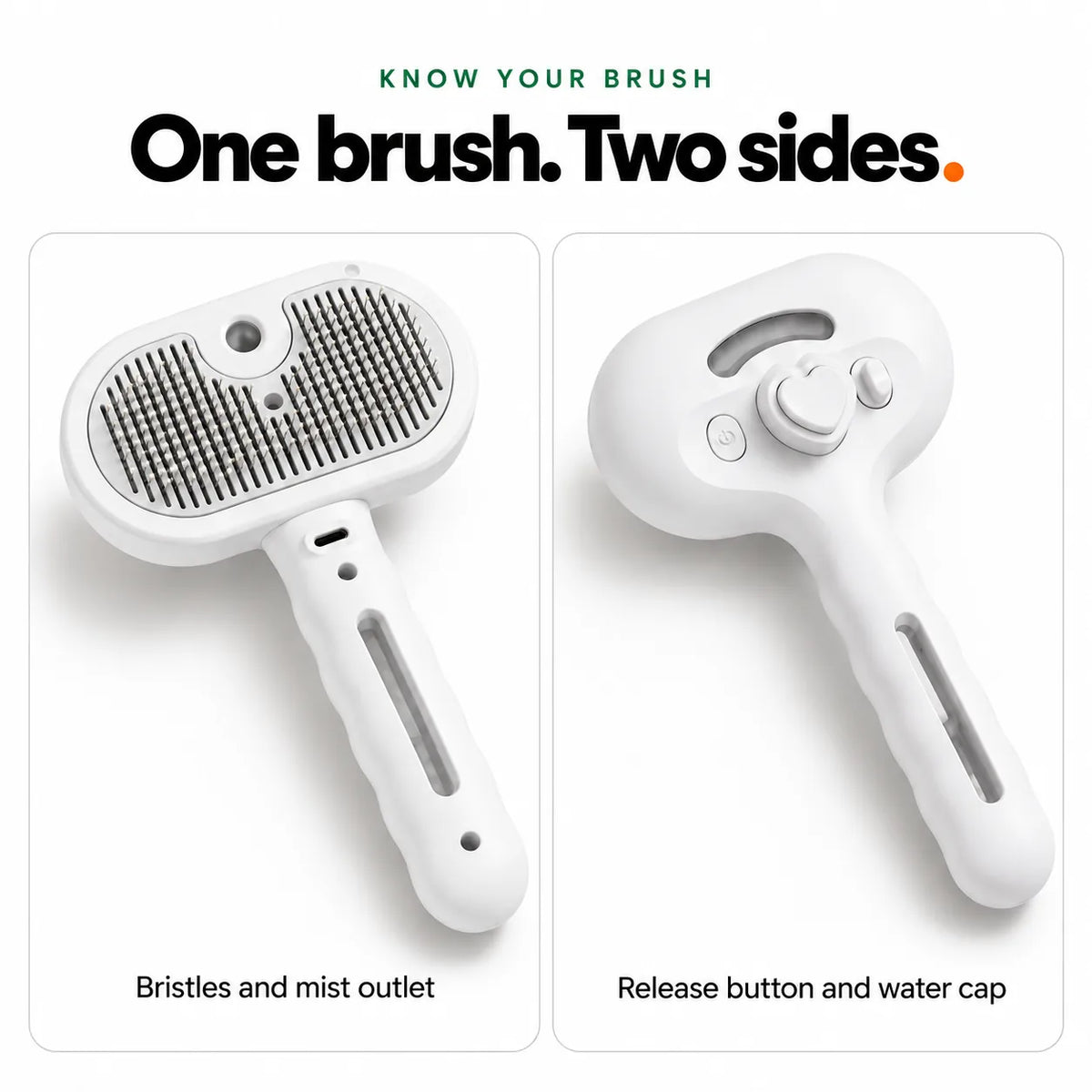 Front and back of the Mist Comb: bristles and mist outlet, heart release button and water cap