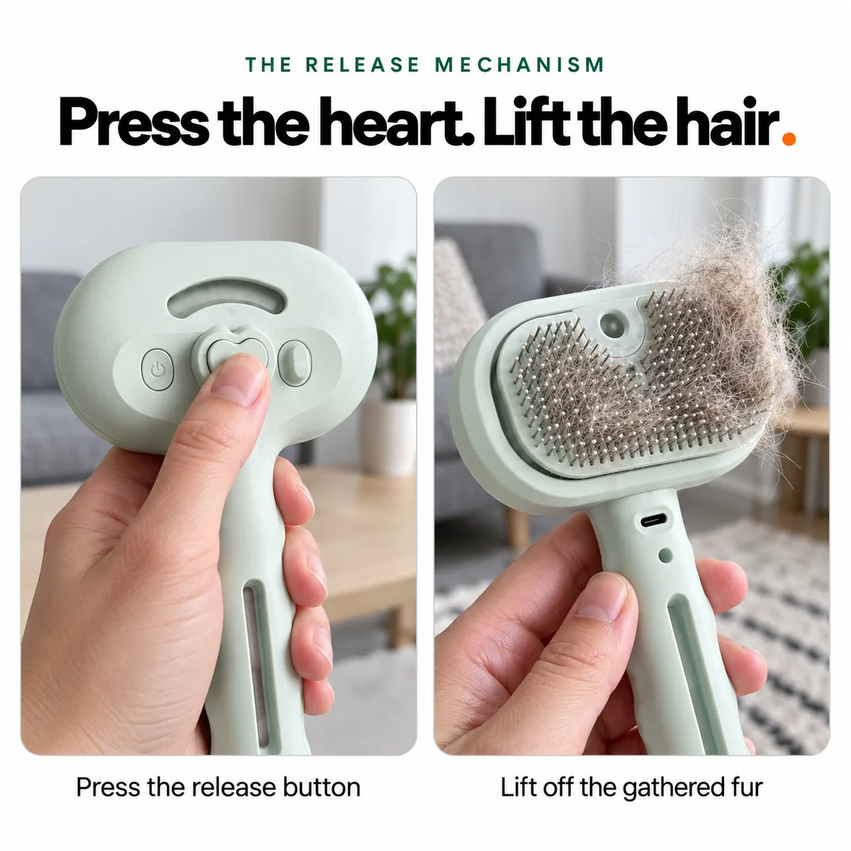 Pressing the heart button on the back of the Mist Comb to release the collected fur and lift it off