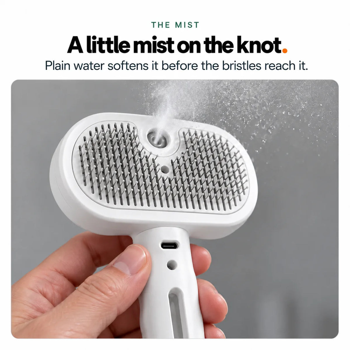 A fine cold water mist coming from the outlet in the Mist Comb brush head
