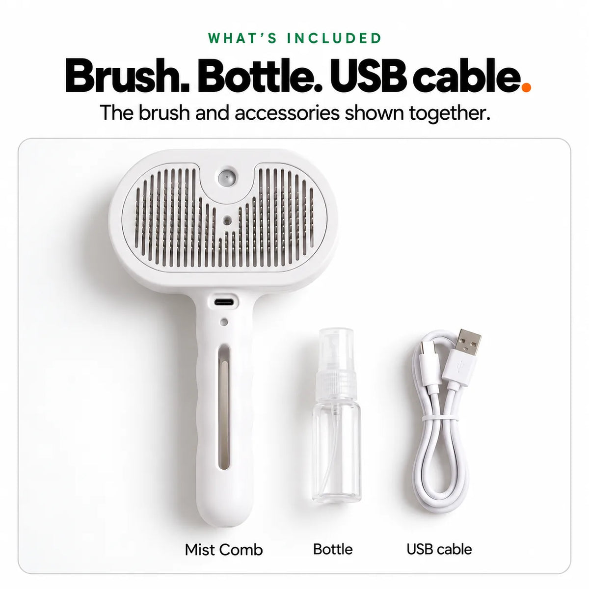 What's in the box: the Mist Comb detangling brush, a refill bottle and a USB charging cable