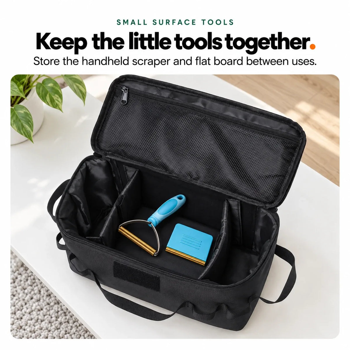 The All-Surface Tool's handheld scraper and flat board stored in the Meoggy grooming kit bag