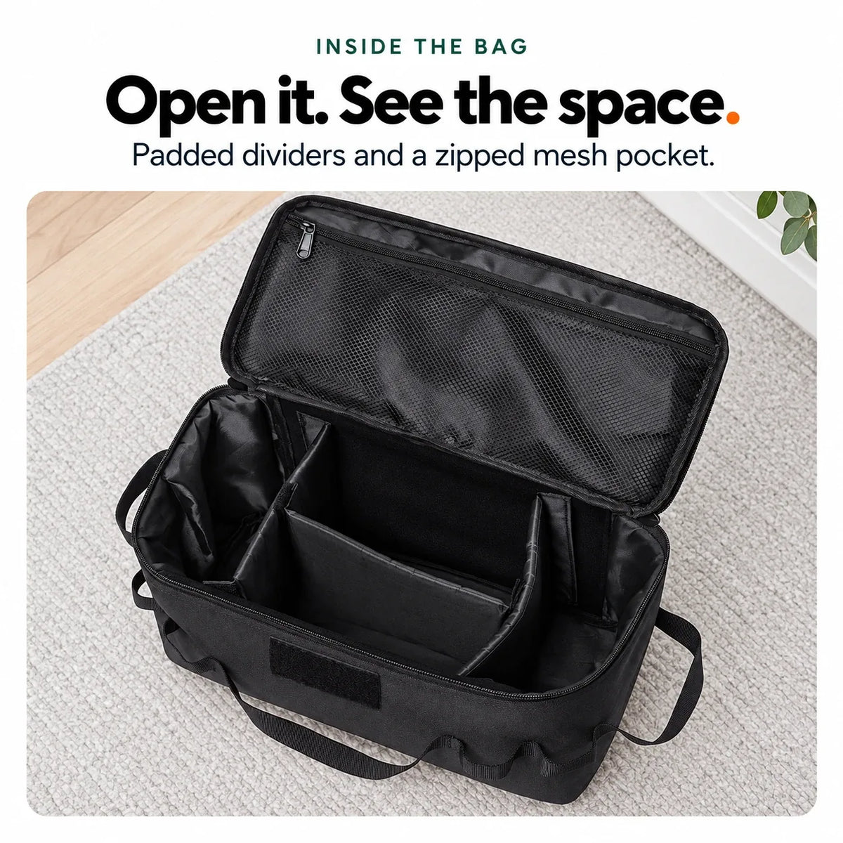 Inside the Meoggy grooming kit bag: padded dividers and a zipped mesh pocket in the lid