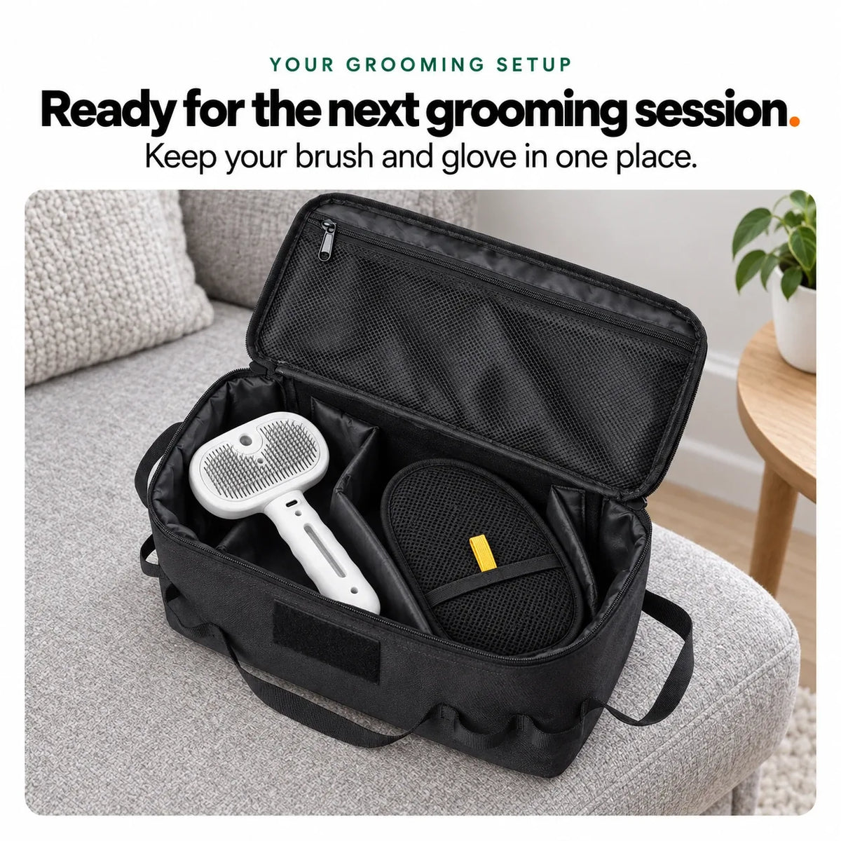 The Meoggy Mist Comb and Cuddle Glove stored together in the open grooming kit bag on a sofa