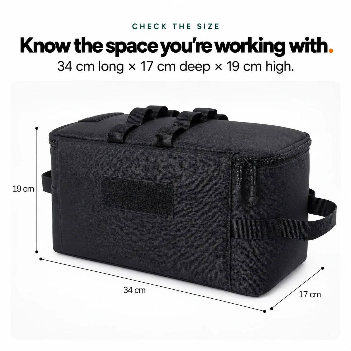 Meoggy grooming kit bag dimensions: 34 cm long, 17 cm deep, 19 cm high