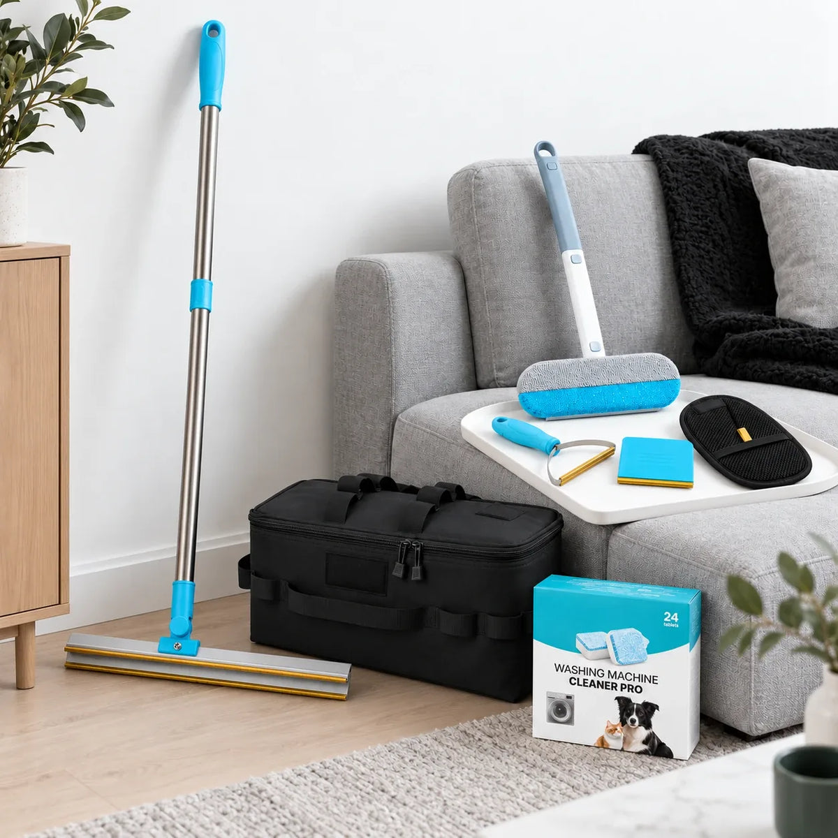 The Meoggy pet hair removal kit by a grey sofa: telescopic rake, Fur Wiper, handheld scraper, flat board, glove, storage bag and washing machine tablets