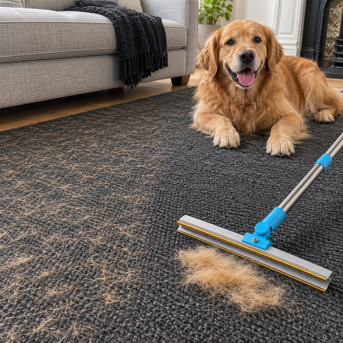 Meoggy rake pulling a mat of dog hair out of a rug, golden retriever lying behind