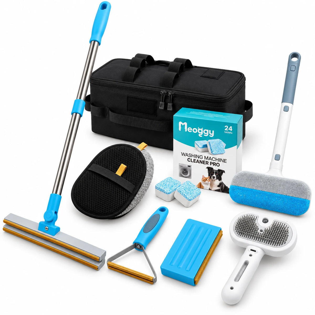 What's in the Meoggy Whole Home Kit: telescopic rake, handheld scraper, flat board, Fur Wiper, Cuddle Glove, Mist Comb, Machine Tablets and the Grooming Kit Bag