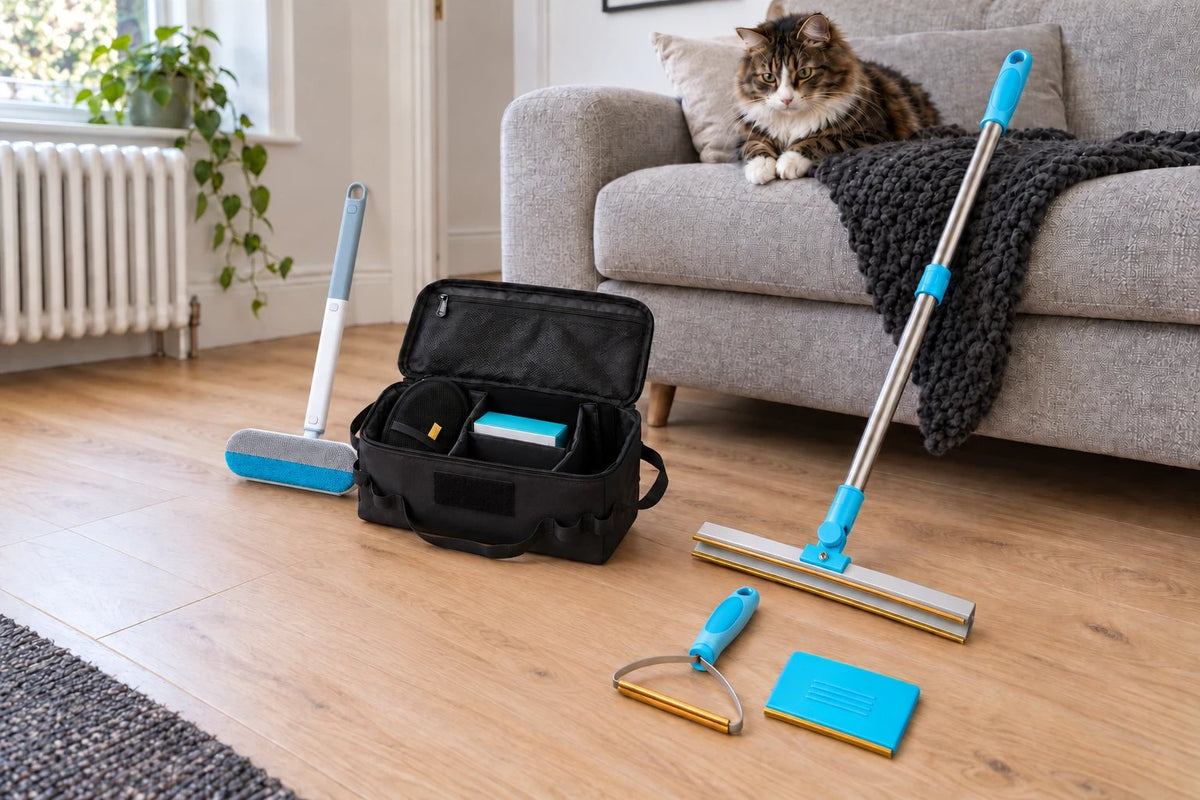 Meoggy Whole Home Kit: the bag with the Cuddle Glove and Machine Tablets, the Fur Wiper and the All-Surface Tool