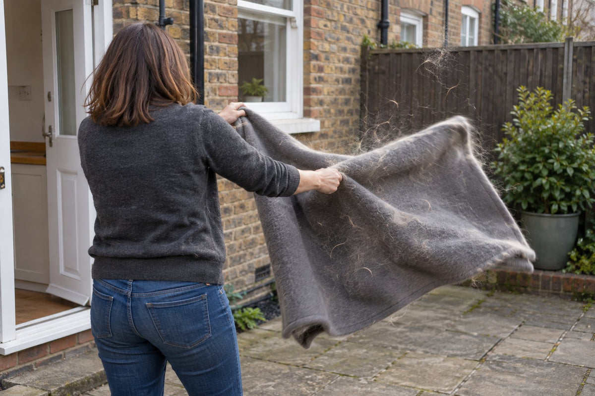 Shaking loose pet hair off a grey blanket in the back garden before washing it
