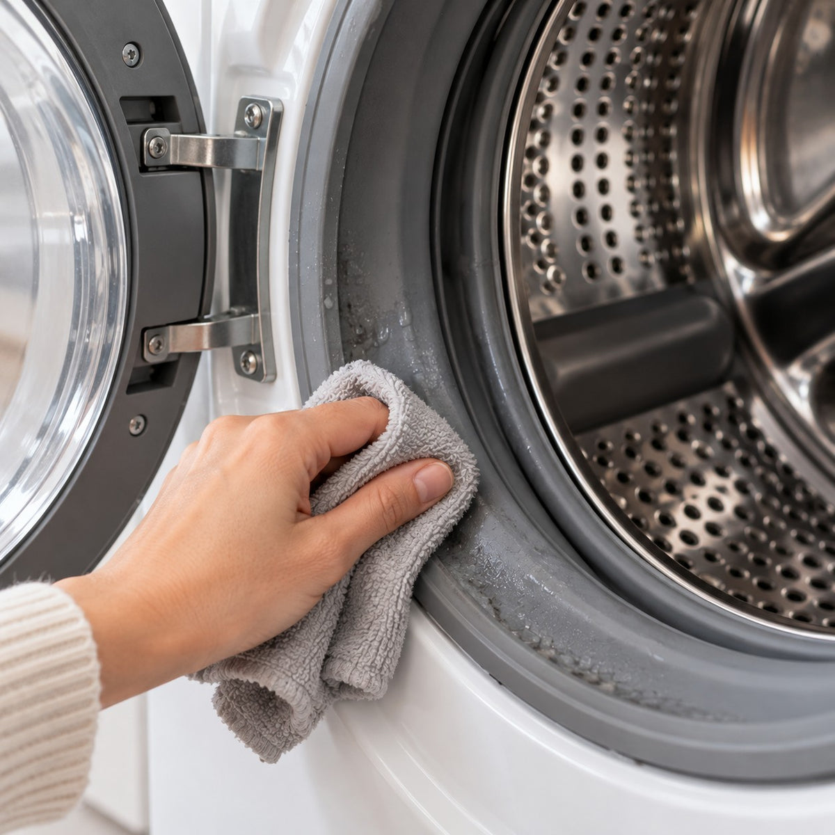 Wiping pet hair and grime from the rubber door seal of a washing machine