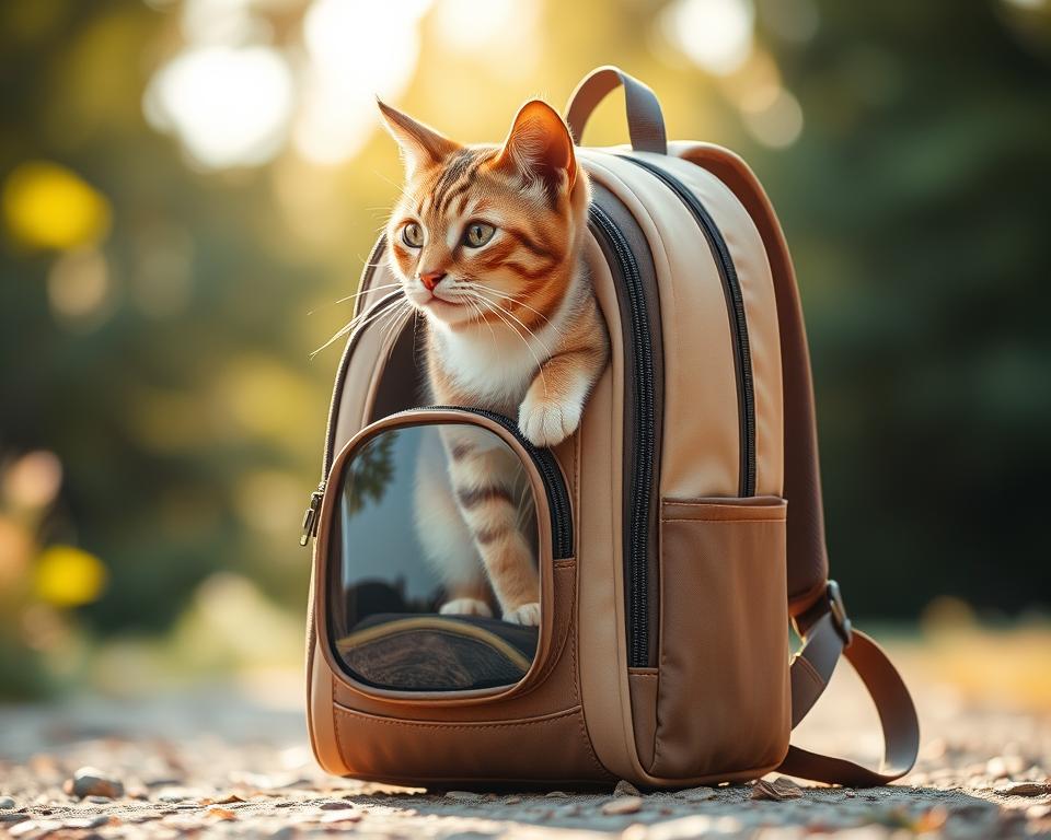 A beautifully designed backpack cat carrier, featuring a sleek and modern aesthetic. The backpack is made of high-quality, durable materials in a neutral, earthy tone, with a comfortable padded back and adjustable straps for a secure and comfortable fit. The front panel is transparent, allowing the cat to observe their surroundings while maintaining airflow and ventilation. The carrier is situated in a natural, sunlit setting, with soft, diffused lighting highlighting the product's elegant design. The background is blurred, keeping the focus on the captivating backpack carrier. The overall scene conveys a sense of adventure, comfort, and care for the feline companion.