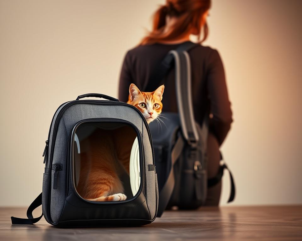 A beautifully designed, stylish cat backpack carrier made by a top British brand. In the foreground, the backpack has a sleek, modern silhouette with a transparent front panel, allowing the cat to peer out comfortably. The backpack is crafted from high-quality, durable materials in a sophisticated color palette of grays and blacks. In the middle ground, the backpack features thoughtful details like padded shoulder straps and a ventilated interior to ensure the cat's comfort during travel. The background showcases a clean, minimalist setting with a subtle textured wall, conveying a sense of urban chic. Warm, directional lighting highlights the backpack's premium construction and elegant design.