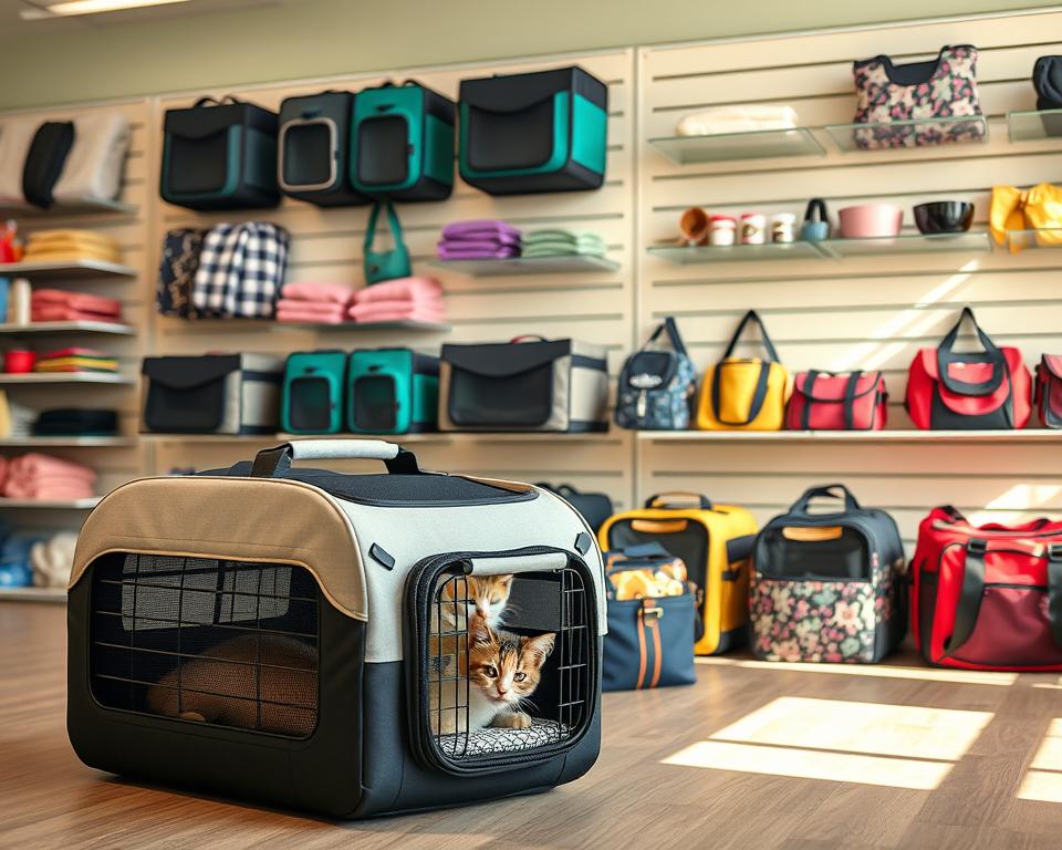 A brightly lit pet store interior, featuring an assortment of stylish and functional cat carriers designed to accommodate multiple felines. In the foreground, a large, spacious carrier with mesh panels and a comfortable padded interior sits prominently, showcasing its ability to house two or more cats comfortably. In the middle ground, a selection of collapsible, soft-sided carriers in an array of vibrant colors and patterns are displayed, each with multiple compartments and adjustable straps for easy transport. The background features wall-mounted shelves displaying a variety of travel accessories, such as cozy blankets, feeding bowls, and grooming supplies, creating a comprehensive "one-stop-shop" for multi-cat households. The overall scene exudes a sense of practicality, convenience, and a deep understanding of the unique needs of feline families on the go.
