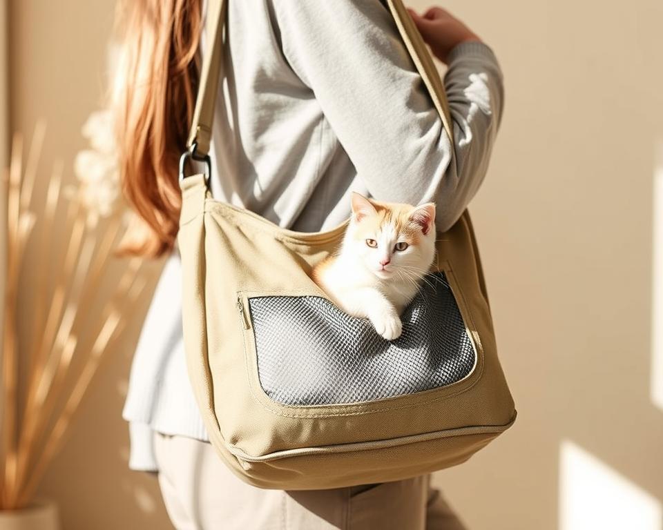 A budget-friendly, canvas sling cat carrier with a supportive padded shoulder strap, featuring a comfortable mesh window to allow airflow and visibility for the feline passenger. The carrier is held at a slight angle, showcasing its practical and versatile design, suitable for everyday errands and adventures. Soft, neutral tones create a calming, natural aesthetic that blends seamlessly with the pet owner's lifestyle. Warm, natural lighting illuminates the scene, highlighting the high-quality craftsmanship and attention to detail. The overall composition conveys a sense of ease and accessibility, emphasizing the carrier's ability to provide a secure and comfortable travel experience for cats without breaking the bank.
