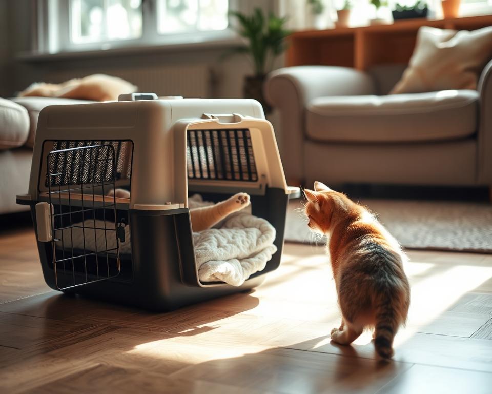 A calm, cozy living room scene with a curious cat cautiously approaching a pet carrier on the floor. Soft natural lighting filters through a window, creating a warm, inviting atmosphere. The carrier is positioned prominently, its door open and inviting, with a soft blanket lining the interior. The cat, with a look of interest, slowly extends a paw to investigate the new object, as if building the courage to step inside. The composition highlights the interaction between the cat and the carrier, emphasizing the gentle, tentative nature of the introduction.