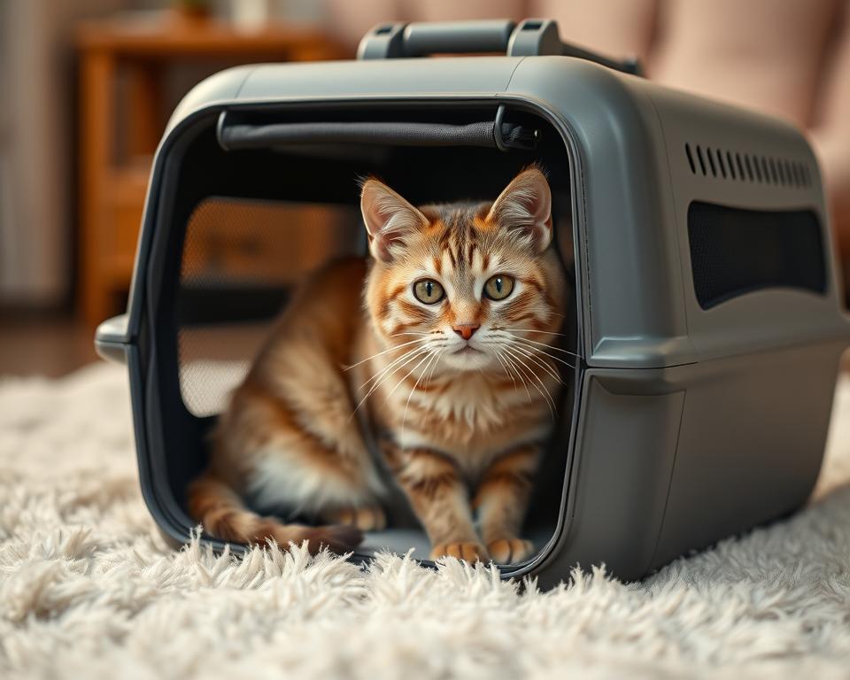 A cat sitting calmly inside a modern, well-ventilated cat carrier, positioned on a soft, plush surface. The carrier's design features sleek lines, a sturdy handle, and breathable mesh panels, creating a sense of security and comfort for the feline occupant. The lighting is soft and warm, emanating a cozy atmosphere. The angle of the shot is slightly elevated, capturing the cat's attentive gaze and the carrier's overall aesthetic appeal. The background is blurred, drawing the viewer's focus to the cat and the carrier, showcasing their harmonious interaction.