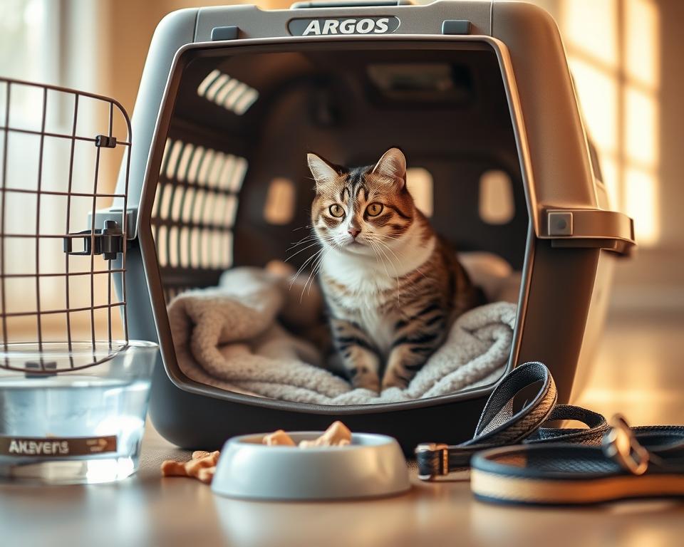 A cat sitting inside an open Argos cat carrier, surrounded by accessories for travel preparation. The cat looks relaxed and comfortable, as the carrier is padded with a soft blanket. On the floor nearby, there are a water bowl, cat treats, and a leash, ready for the upcoming journey. Warm, natural lighting illuminates the scene, creating a cozy and welcoming atmosphere. The composition is balanced, with the cat and carrier in the foreground, and the accessories in the middle ground. The background is slightly blurred, emphasizing the focal point of the cat and its carrier. The overall mood is one of calm and anticipation, reflecting the care and attention given to preparing the cat for a secure and comfortable travel experience.