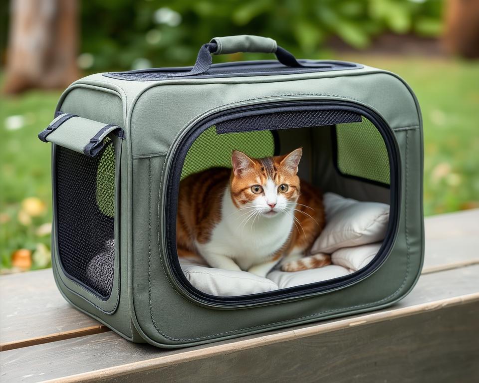 A collapsible cat carrier, its sturdy frame folding neatly for easy storage. Crafted with a durable, lightweight material, the carrier features ventilated mesh panels, allowing your feline companion to comfortably observe their surroundings during transit. Soft, padded interior cushions provide a cozy haven, while the secured top and side entries ensure a secure, stress-free travel experience. Sleek in design, the carrier's compact, streamlined silhouette blends seamlessly with your lifestyle, ready to accompany you and your pet on all your adventures.