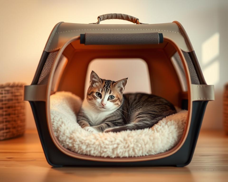 A comfortable, well-designed cat carrier in a cozy, home-like setting. A soft, plush cushion fills the carrier's floor, inviting the feline to curl up and relax. Gentle lighting casts a warm glow, creating a soothing ambiance. The carrier's mesh panels allow ample airflow and visibility, while the sturdy frame provides a sense of security. Subtle textures, such as woven patterns or soft fabrics, add visual interest. The carrier is positioned on a wooden surface, with a clean, minimalist background that allows the cat's comfort to take center stage. An attentive, affectionate cat nestled inside the carrier, conveying a feeling of contentment and trust.