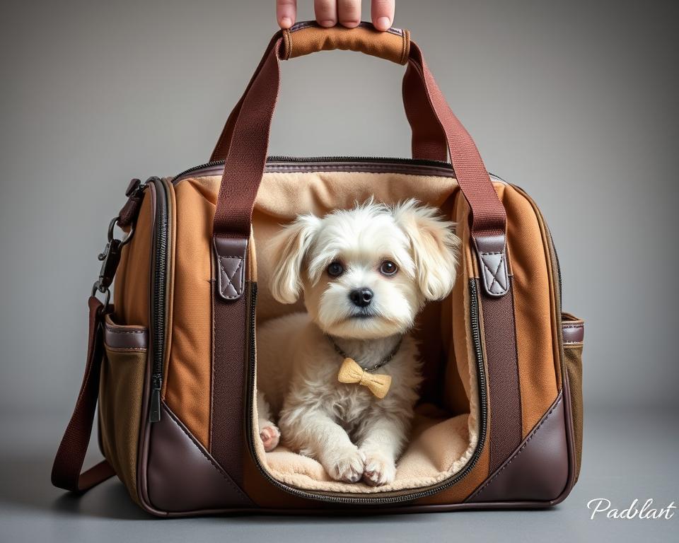 A compact, high-quality pet travel bag with a sleek, modern design. The bag features a sturdy, yet lightweight frame with plush, breathable interior lining to keep your furry companion comfortable during journeys. Soft, adjustable shoulder straps and a reinforced handle allow for easy, ergonomic carry. Discreet, zippered compartments provide storage for essentials like treats, toys, and travel documents. The bag is accented with premium, earth-toned fabrics and hardware, creating a stylish, sophisticated look that seamlessly integrates into any travel wardrobe. Diffused, natural lighting highlights the bag's thoughtful details and cozy, inviting interior space.