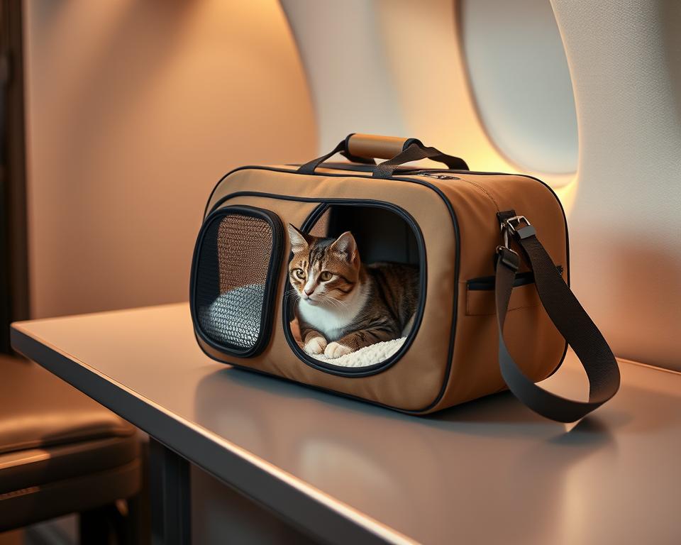 A compact, stylish airline-approved cat carrier rests on a sleek, minimalist table. The carrier is crafted from durable yet soft materials, with mesh panels allowing ample airflow and visibility for your feline companion. Designed to fit seamlessly under airplane seats, the carrier features sturdy handles and a comfortable shoulder strap for easy transport. Soft, plush bedding lines the interior, ensuring a cozy journey. Subtle, earthy tones complement the modern aesthetic, creating a travel-friendly accessory that blends form and function. Warm, indirect lighting illuminates the scene, highlighting the carrier's premium quality and attention to detail. The overall atmosphere exudes an air of sophistication and practicality, perfectly suited for the discerning cat owner embarking on international adventures.