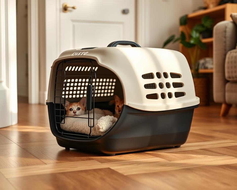 A compact, well-designed animal carrier sitting on a hardwood floor in a cozy, minimalist UK flat. Soft, plush padding lines the interior, providing a comfortable haven for a small dog or cat. The carrier's sleek, modern silhouette is crafted from durable, lightweight materials, with discreet ventilation panels and a secure, easy-access front door. Soft, natural lighting filters in, creating a warm, calming atmosphere. The carrier blends seamlessly with the surrounding decor, showcasing a space-saving design that seamlessly integrates into the limited square footage of a UK home or apartment.