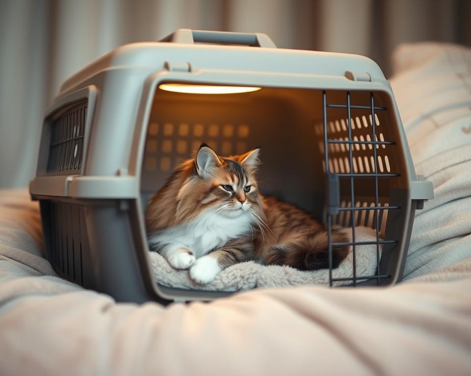 A cozy and inviting B&M cat carrier, softly lit from above with warm, diffused lighting. The carrier is placed on a plush, comfortable surface, perhaps a velvet cushion or a soft, fluffy blanket. Inside, a fluffy, content-looking feline rests peacefully, nestled in soft bedding material that provides a sense of security and comfort. The carrier's interior is well-ventilated, with ample space for the cat to move around and relax. The exterior of the carrier features a neutral, muted color palette, seamlessly blending into a serene, soothing environment. The overall scene evokes a sense of tranquility and care, perfectly capturing the essence of making a B&M cat carrier a comfortable and welcoming space for a beloved feline companion.