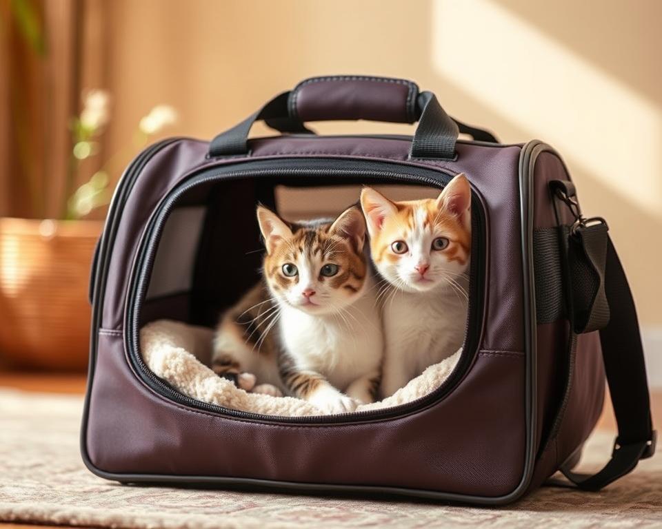 A cozy and inviting soft-sided cat carrier sits in the foreground, its plush interior and cushioned sides beckoning for a feline companion. In the middle ground, the carrier's flexible mesh panels allow for ample airflow and visibility, while the sturdy handles and shoulder strap promise ease of transport. The background features a warm, natural setting, with soft lighting casting a gentle glow over the scene, creating an atmosphere of comfort and relaxation. The overall composition conveys a sense of security and tranquility, perfectly suited for the "Soft-Sided Cat Carriers: Comfort and Flexibility" section of the article.