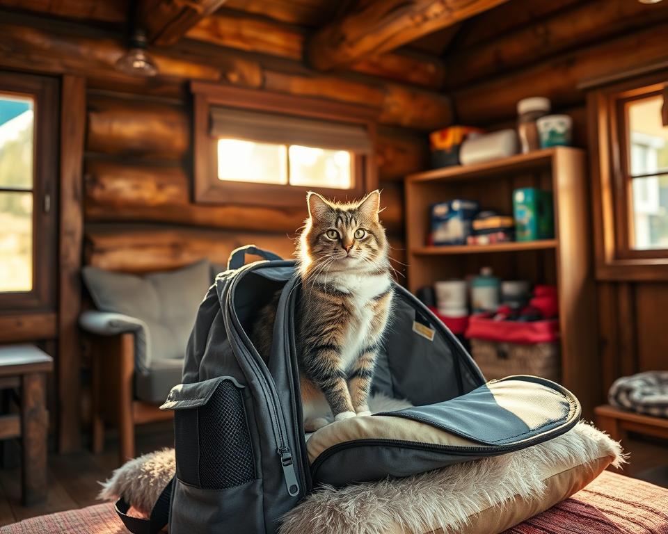 A cozy and well-lit interior of a rustic cabin, with a cat sitting on a plush cushion of a gray cat travel backpack. The backpack is open, revealing its interior organization compartments and accessories. Sunlight streams in through a nearby window, casting a warm glow over the scene. The cat appears relaxed and content, as if supervising the maintenance and care of its carrier. In the background, shelves hold various pet supplies, hinting at the owner's dedication to their feline companion's comfort and well-being during outdoor adventures.