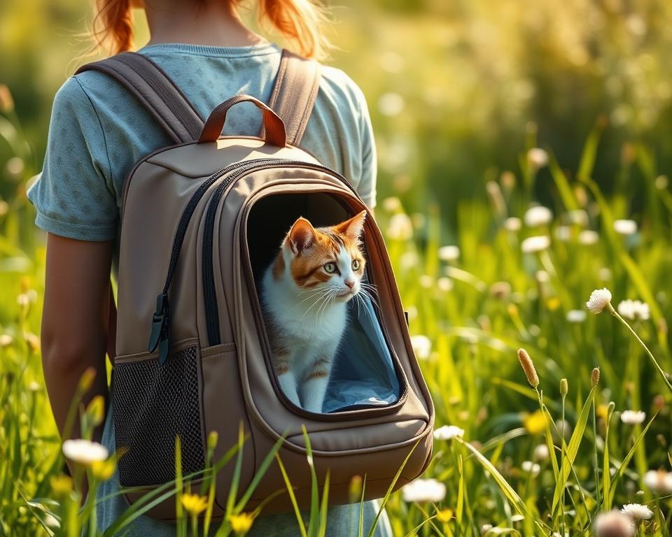 A cozy cat carrier backpack nestled in a sun-dappled meadow, its sleek design and soft padding offering a comfortable, secure haven for your feline companion. The backpack's front panel features a transparent window, allowing your cat to gaze out at the lush, verdant landscape as you stroll. Subtle straps and a padded back provide ergonomic support, ensuring a comfortable carrying experience. Muted earth tones blend seamlessly with the natural surroundings, creating a sense of harmony and tranquility. Gentle rays of sunlight filter through the backpack's mesh panels, illuminating your cat's curious expression as they explore their portable domain. This specialized carrier effortlessly combines functionality, style, and your cat's well-being.
