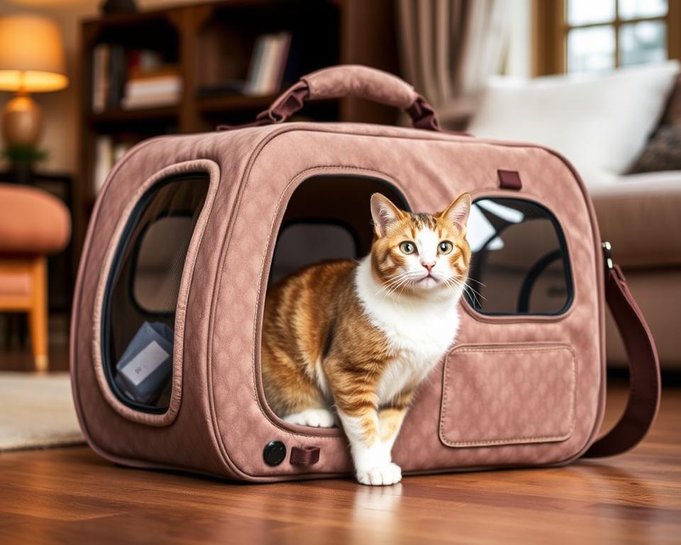 A cozy cat carrier, designed for the British weather, sits in a warm, inviting living room. The carrier features a plush, weather-resistant exterior in a muted, earthy tone, blending seamlessly with the room's decor. The interior is lined with a soft, insulating material to keep the feline passenger comfortable, no matter the season. Large, transparent windows allow the cat to observe the world while protected from the elements. Subtle, adjustable vents ensure proper airflow and temperature regulation. The carrier's sturdy, yet lightweight construction makes it easy to transport, whether dashing through a rain shower or braving the winter chill. An integrated handle and adjustable shoulder strap offer convenient carrying options for the discerning cat owner.